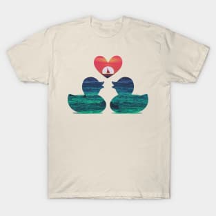 Cute Ducks with Red Heart Sunset T-Shirt